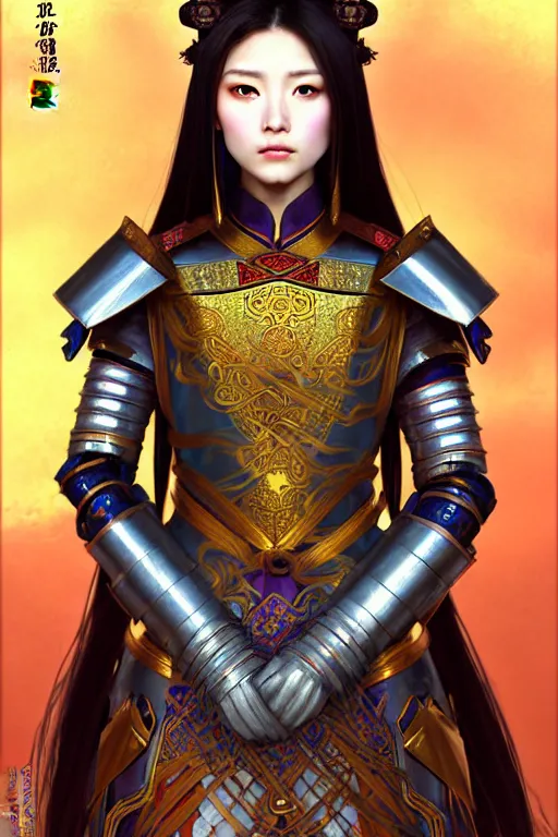 Prompt: beautiful and divine and holy and elite and colorlpunk three kingdom chinese female armor knight portrait like twice tzuyu+shinnyy eyes+front face with light flowing hair, ultradetail face, art and illustration by tian zi and craig mullins and WLOP and alphonse mucha, fantasy, intricate complexity, human structure, human anatomy, fantasy character concept, watermark, blurry, hyperrealism 8k