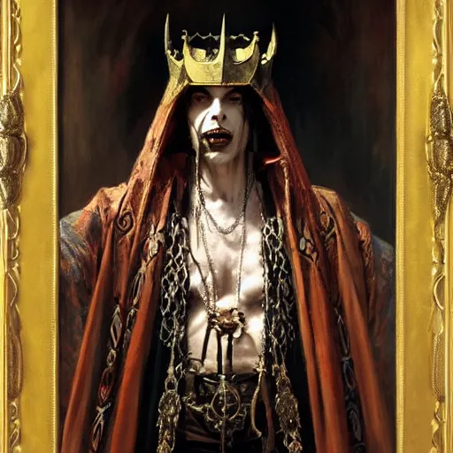 Image similar to perfectly centered portrait of attractive vampire king in a robe sitting on a throne of bones, highly detailed painting by gaston bussiere, craig mullins, j. c. leyendecker, 8 k