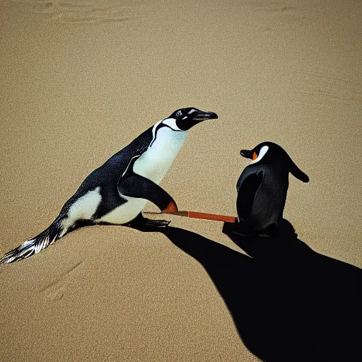 Image similar to photo of a penguin writing mathematics with a stick in the sand, sunset natural geographic, award winning