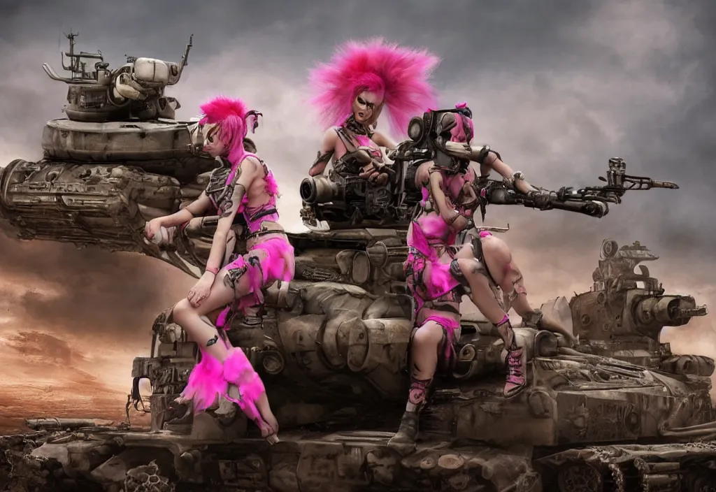 Image similar to beautiful apocalyptic tank girl with pink Mohawk, posing on mad max panzer tank, 4k ultra hd, fantasy dark art, artstation, octane render