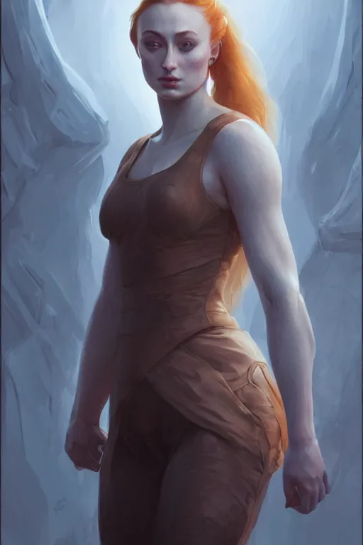 Image similar to Sophie Turner looking behind her, anatomy, only two hands, highly detailed, digital painting, artstation, concept art, smooth, sharp focus, illustration, Unreal Engine 5, 8K, art by art by artgerm and greg rutkowski and edgar maxence