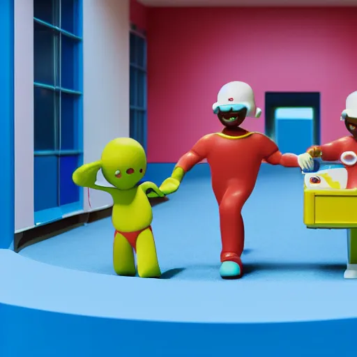 Prompt: playskool people figures entering a hospital shaped like a plus sign, the hospital is seen from outside and above, matte plastic materials, blue tones, 3 d, redshift, hydri, subsurface scattering, cgi, high quality render, ambient occlusion