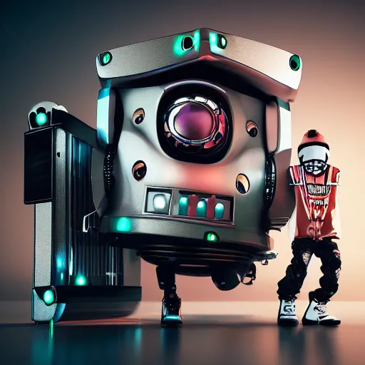 Image similar to hiphop gangsta robot, with grillz, led screens, expressive, photo realistic, dramatic cinematic lighting, octane render, 4 k, ultra detailed