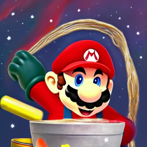 Prompt: mario in space eating ramen, trending on artstation, ultra realistic, ultra detailed, digital painting