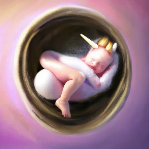 Image similar to a baby unicorn sleeping in an cracked egg, ultrarealistic, dramatic lighting, high details, 4 k, 8 k, best, accurate, trending on artstation, artstation, photorealism, ultrarealistic, digital painting, style of anne geddes