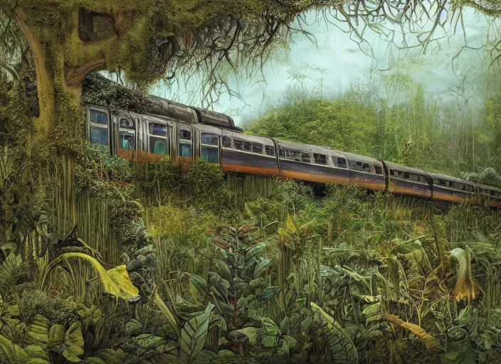 Prompt: a matte painting of an overgrown ruined train interior by aaron horkey and adam paquette, overgrown with lush bushes, verdant flowers and tall grass, detailed