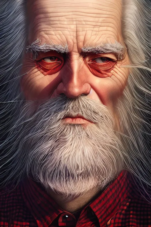 Image similar to an old man wear plaid red shirt + long grey hair + no beard is the man who know everything in the universe by karol bak, james jean, tom bagshaw, rococo, sharp focus, trending on artstation, cinematic lighting, hyper realism, octane render, 8 k, hyper detailed, vivid, ultra detailed, highly detailed