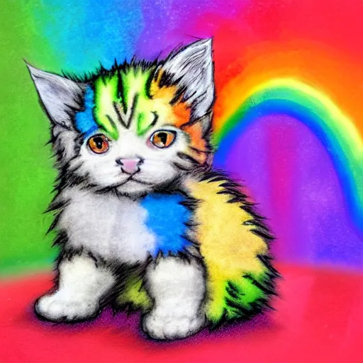 Image similar to wide angle full body, of a fluffy cute rainbow kitten wearing a black motorcycle jacket, concept art