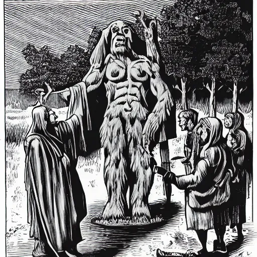 Image similar to black robed group of occultist worshipping a bigfoot statue