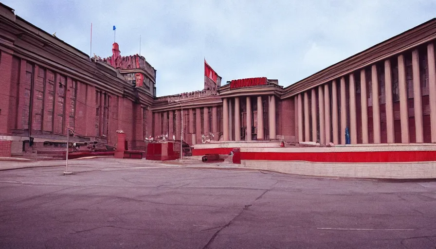 Image similar to 60s movie still of a sovietic museum stalinist style, cinestill 800t 10mm eastmancolor, liminal Space style, heavy grain, high quality, high details, panoramic