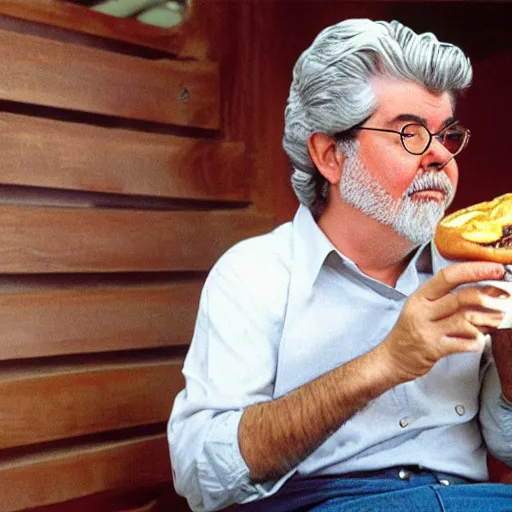 Image similar to George Lucas eating a hamburger