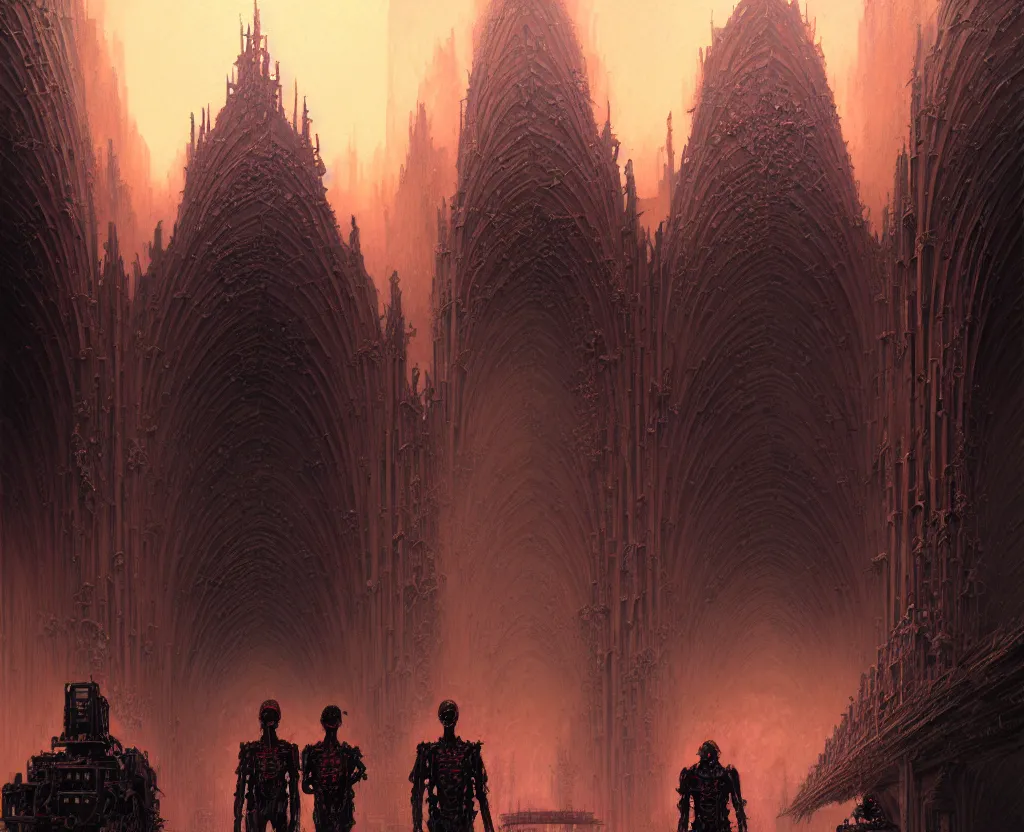 Image similar to detailed portrait, intricate complexity, by greg rutkowski, ross tran, conrad roset, takato yomamoto, ilya kuvshinov huge gothic crematorium on desert planet, elevator, side ramp entrance ambulance dead bodies, guards intricate, painting by lucian freud and mark brooks, bruce pennington, dark colors, neon, death, guards, nice style smoke