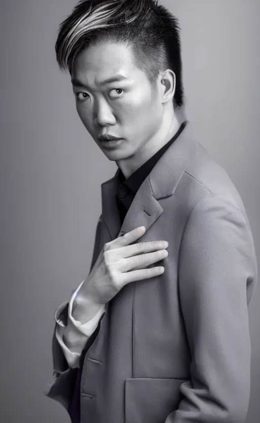 Image similar to a realistic photo of blond handsome Asian man in purple jacket, Kira Yoshikage in real life, studio photography , dark grey background, softly backlit, gentle smoke effect, photo courtesy Museum of art