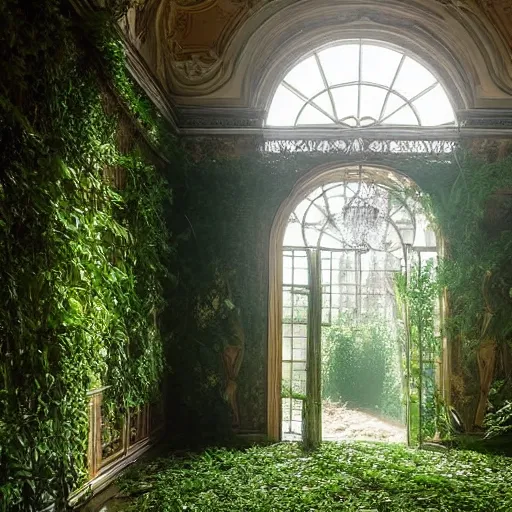 Image similar to a dream about inside opulent abandoned overgrown Palace of Versailles, lush plants growing through the floors and walls, walls are covered with vines, beautiful, dusty, golden volumetric light shines through giant broken windows, rich with epic details and dreamy atmosphere