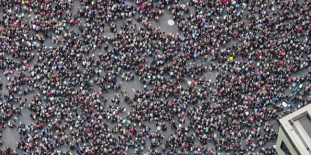 Prompt: million of people rioting on the streets, aerial view, wide angle