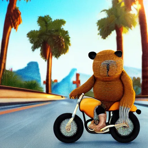 Prompt: a photorealistic photograph of a knitted cute Capybara wearing stylish sunglasses and dressed in a beanie cap. The subject is riding on a motorcycle in Hollywood at dusk. Palm trees in the background. This 4K HD image is Trending on Artstation, featured on Behance, well-rendered, extra crisp, features intricate detail and the style of Unreal Engine.