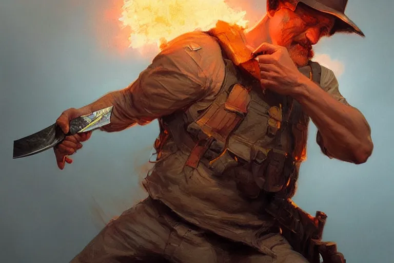 Image similar to a man fights an explosion with a knife, portrait, highly detailed, digital painting, artstation, concept art, smooth, sharp focus, illustration, cinematic lighting, art by artgerm and greg rutkowski and alphonse mucha