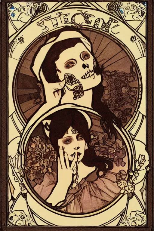 Image similar to skull in the center of a round frame, in the style of Mucha,