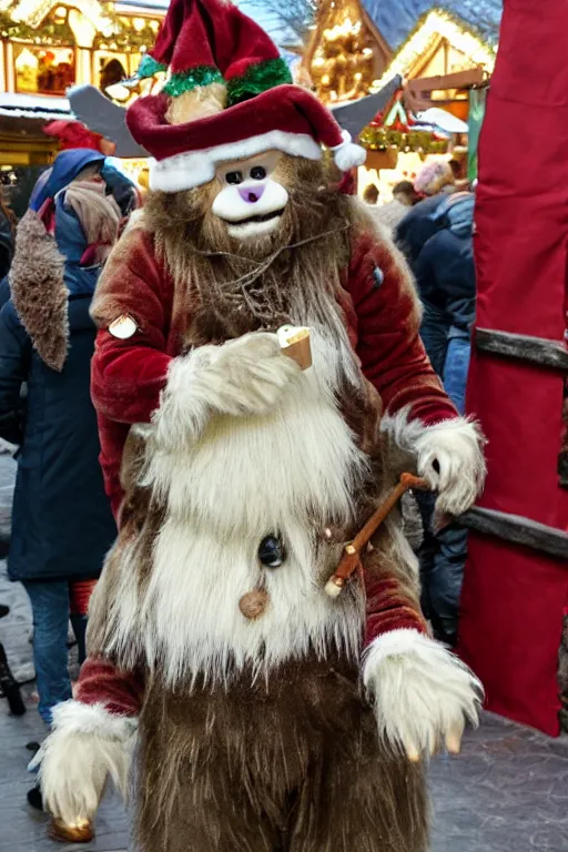 Prompt: a very cute, cream colored and very furry yeti wearing lederhosen singing carols in a German Christmas market, very detailed