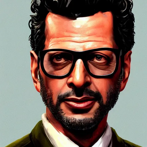 Image similar to Portrait of a Jeff Goldblum in GTA V , art by Albert Bierstadt and James Gurney, highly detailed, digital painting, matte painting, concept art, illustration, oppressive lighting, trending on artstation, very detailed