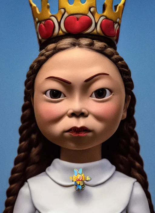 Image similar to closeup face profile portrait of tin toy greta thunberg as a nun princess wearing a crown eating cakes, bikini, depth of field, zeiss lens, detailed, symmetrical, centered, fashion photoshoot, by nicoletta ceccoli, mark ryden, lostfish, breathtaking, 8 k resolution, extremely detailed, beautiful, establishing shot, artistic, hyperrealistic, octane render