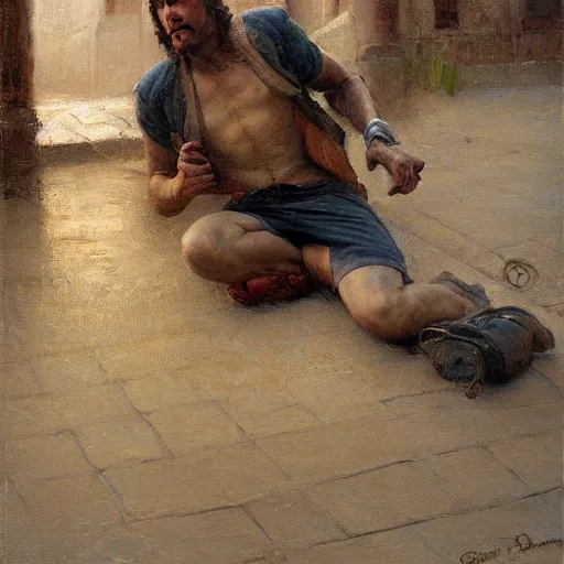 Prompt: man stuck in asphalt, smooth digital painting by Gaston Bussiere, photorealistic