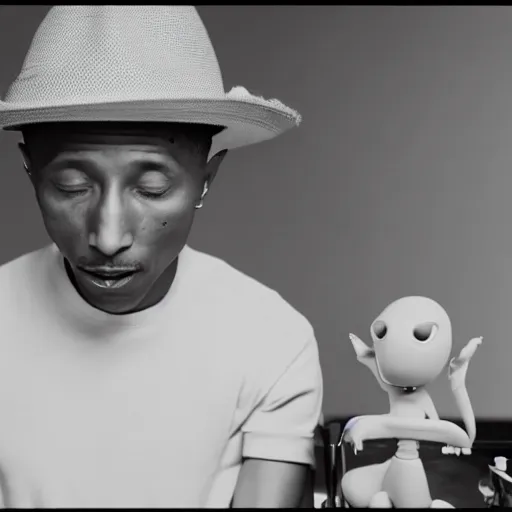 Image similar to cinematic film still of Pharrell Williams Making A Beat with an anthropomorphic alien, Japanese VFX, 2018, 400mm lens, f1.8, shallow depth of field,film photography