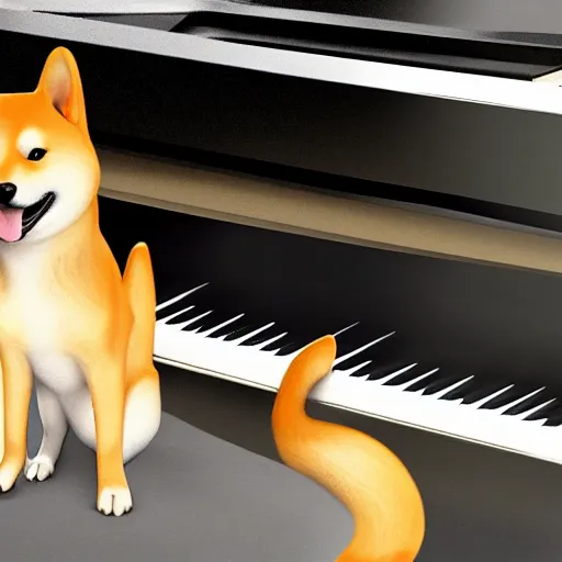 Prompt: shiba inu in a tuxedo playing a grand piano, digital art, 8 k, high detailed