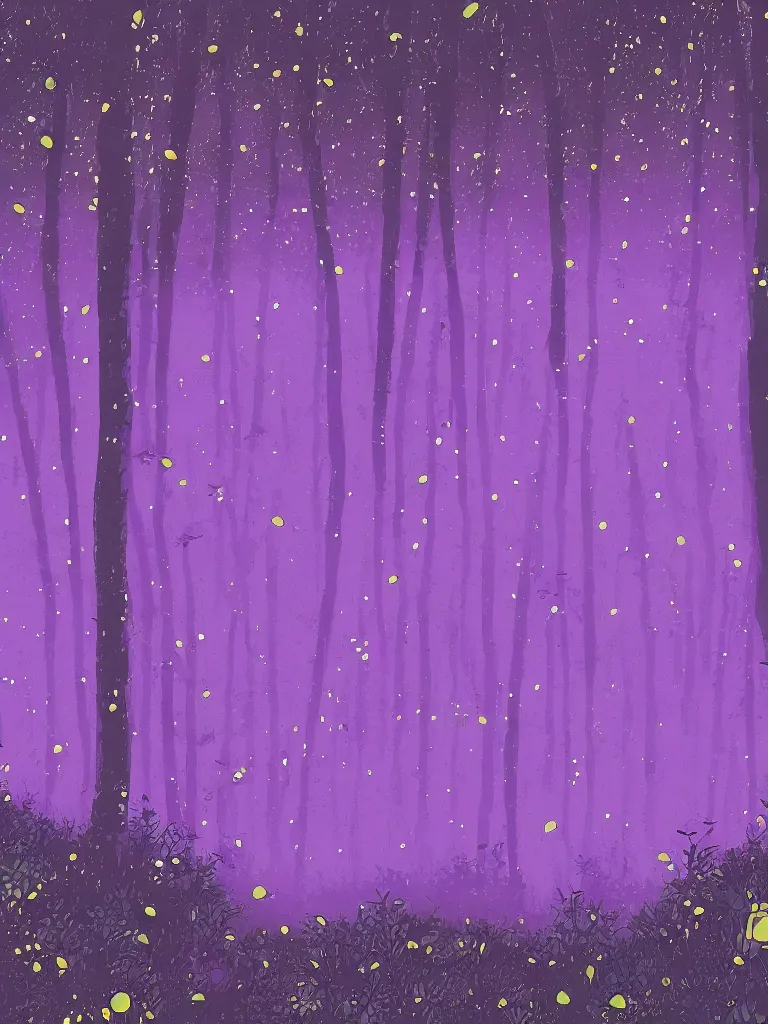 Image similar to a digital art of a close up view of a forest, fireflies flying around, purple color scheme, by laurie greasley, artstation, studio ghibli color scheme