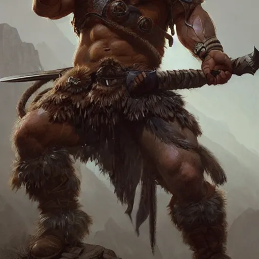 Prompt: a rugged barbarian ranger, handsome, lower body, muscular, exposed thighs, D&D, fantasy, intricate, elegant, highly detailed, digital painting, artstation, concept art, matte, sharp focus, illustration, art by Artgerm and Greg Rutkowski and Alphonse Mucha