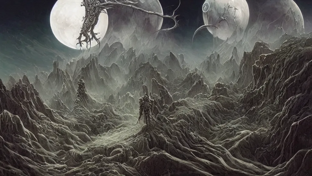 Image similar to eerie atmospheric otherworldly planet by gerald brom and glenn barr, epic cinematic matte painting