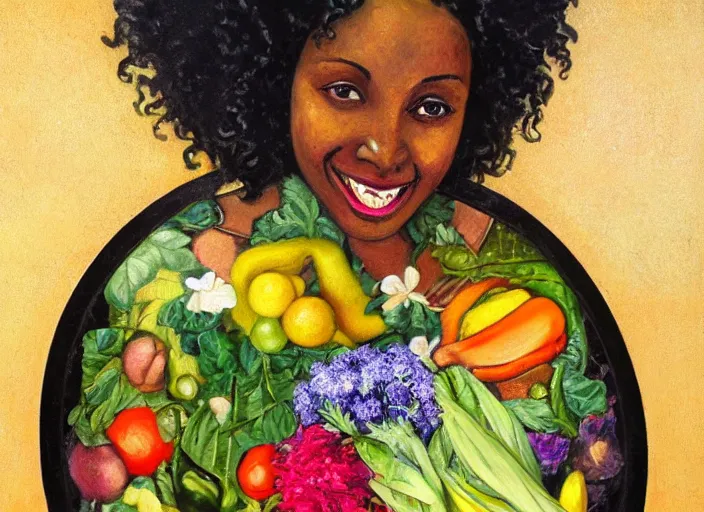 Image similar to an art nouveau oil painting of a beautiful, smiling black woman entirely made from vegetables, flowers and fruits, within a circle