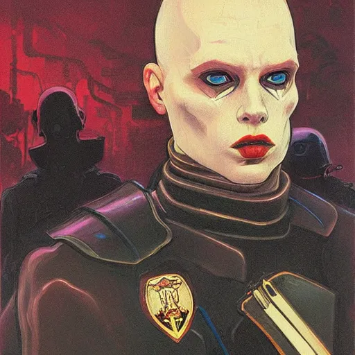 Prompt: portrait of rubbery, gaunt albino mutant with moist skin, sharp features, large lips, huge black eyes and determined expression, wearing fascist Byzantine police uniform and standing on cyberpunk docks, Dune concept art by Anato Finnstark, Alphonse Mucha, and Greg Rutkowski