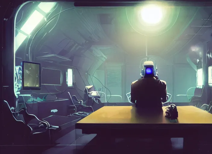 Image similar to a man sitting on a chair with things attached to his head, screens and monitors in front of him playing videos, ship interior, narrow hallway, scifi, dramatic lighting, dark, spotlight, concept art, surreal, by rutkowski