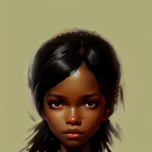 Image similar to Incredibly cute ebony girl, black hair, brown eyes by Nuri iyem, James gurney, James Jean, Greg Rutkowski, highly detailed, trending on artstation, artstationHD, artstationHQ, 4k, 8k
