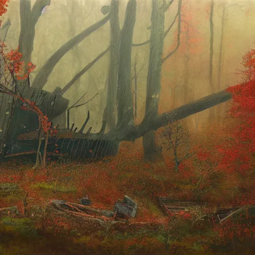 Image similar to an old big shipwreck in an autumn forest, green and red tones, by Aron Wiesenfeld and beksincki, cinematic, detailed illustration, nature, fog, dark colors, suspense, intricate, 8k