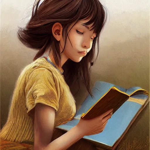 Image similar to village girl reading a book, highly detailed, digital painting, artstation, concept art, illustration, art by artgerm and Johfra Bosschart