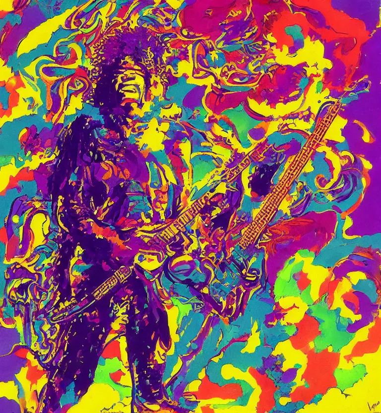 Prompt: jimi hendrix full body, colourful afrofuturist biomorphic scifi opart in background, by moebius, 8 k