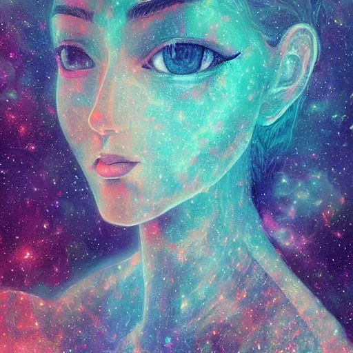 Image similar to beautiful detailed artistic portrait of a person travelling between different astral planes. the universe observing itself. grainy and rough. fine detail. soft colour scheme. artistic painting by lurid ( 2 0 2 2 ). featured on deviantart.