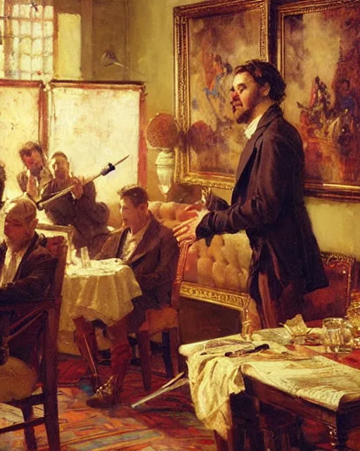 Prompt: a handsome man rehearsing shakespeare to a room full of businessmen, painting by gaston bussiere, craig mullins, j. c. leyendecker