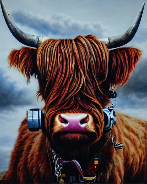 Prompt: a portrait of an anthropomorphic cyberpunk highland cattle bull by sandra chevrier, by jon foster, detailed render, tape deck, epic composition, cybernetics, 4 k realistic, cryengine, realistic shaded lighting, sharp focus, masterpiece, by enki bilal