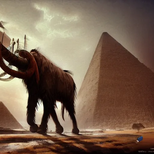 Prompt: A tribe's man riding on a hairy mammoth during a snow storm in ancient egypt , extra detailed, by Makoto Shinkai and thomas kinkade, digital painting, Matte painting, trending on artstation and unreal engine