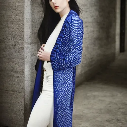 Image similar to fashion 2 0 5 0 fantastic openwork long coat with intricate pattern on a beautiful symmetrical girl with blue hair, hyper realistic photos