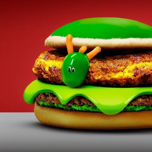 Prompt: photo ad presenting the all new caterpie burger from McDonald's made with real caterpies