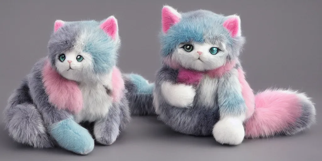 Image similar to 3 d precious moments plush cat with realistic fur and an blue / white / gray / green / pink / tan / mid pink / blue gray color scheme, snowy mountain landscape, dark lord, occult, master painter and art style of john william waterhouse and caspar david friedrich and philipp otto runge