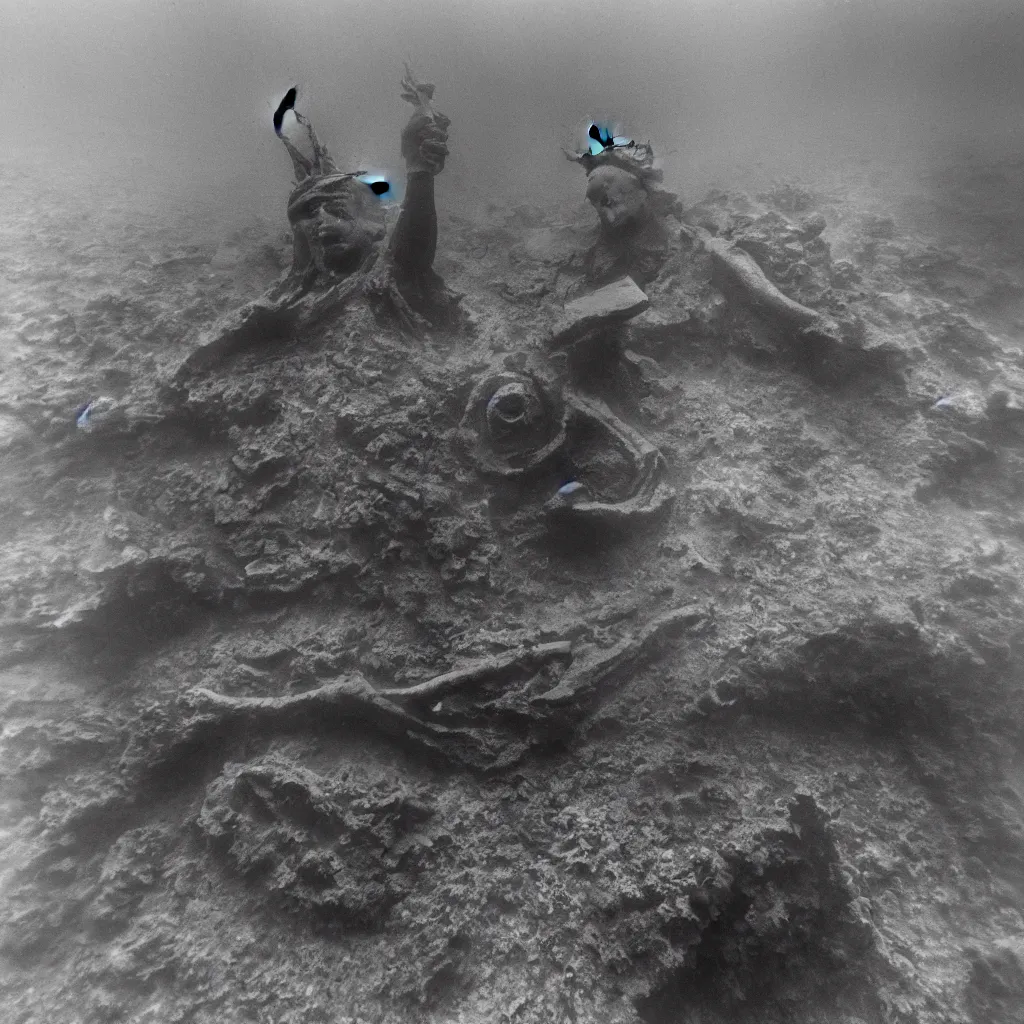 Image similar to underwater photograph of a bronze statue of liberty, partially buried with a sunken city