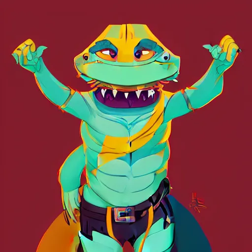 Image similar to in the style of artgerm, loish and ross tran, anthropomorphic alligator, symmetrical face, symmetrical eyes, red scales on his back, yellow scale on his belly and chest, male, waring a hawaiian shirt, in the style of zootopia