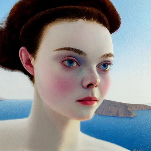 Prompt: Elle Fanning in Santorini, head and shoulders portrait, extremely detailed masterpiece, illustration, by Michael Sowa,