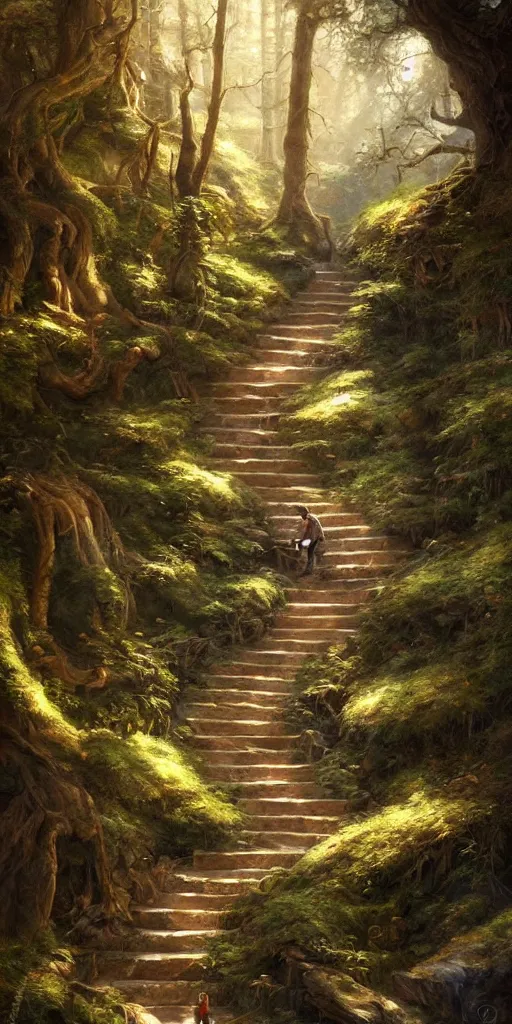 Prompt: a man walking up a steep and winding staircase, in beautiful woods, intricate, dappled lighting, elegant, highly detailed, oil painting, artstation, concept art, sharp focus, beautiful illustration, society, by justin gerard and artgerm, 4 k