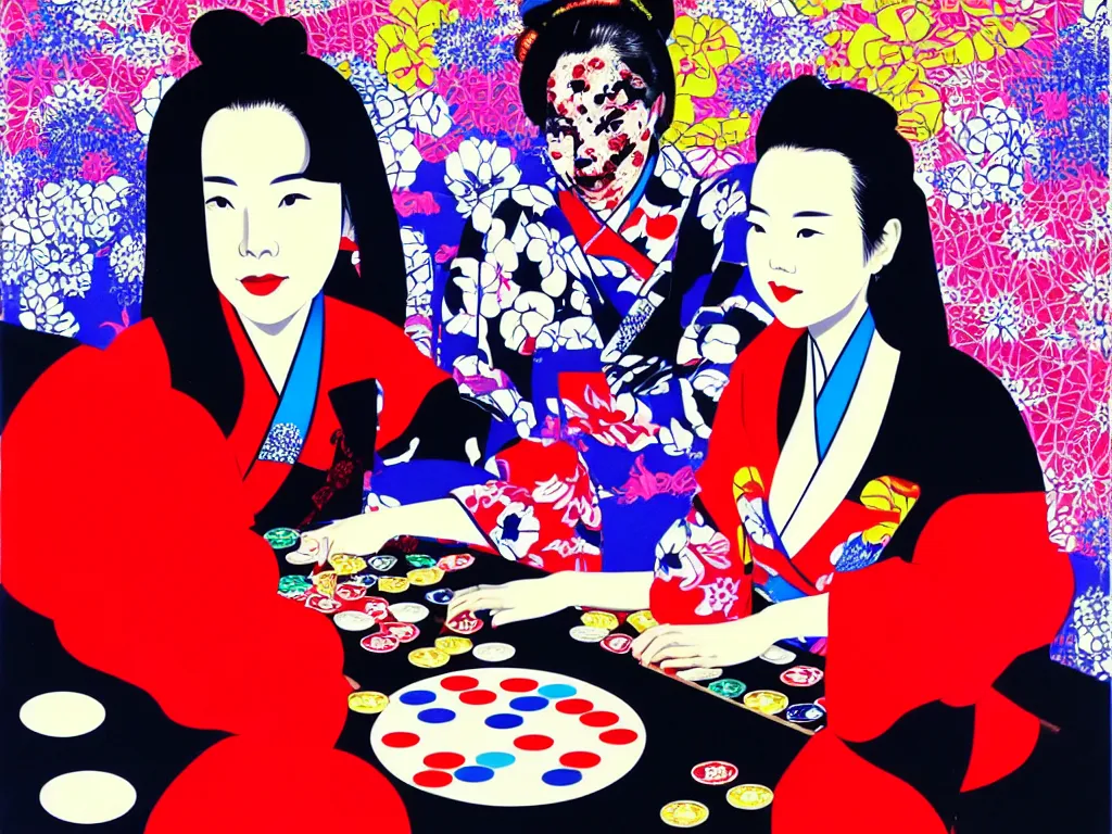 Image similar to hyperrealistic composition of the woman in a japanese kimono sitting at a poker table with darth vader, fireworks, mount fuji on the background, pop - art style, jacky tsai style, andy warhol style, acrylic on canvas